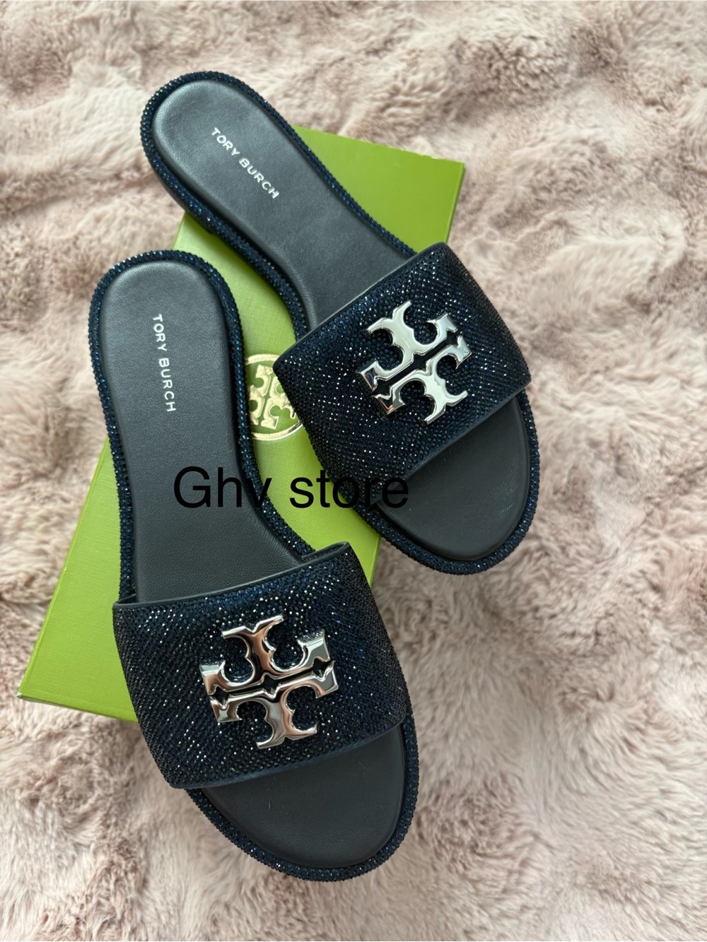 Tory Burch Everly Navy Crystal Logo Slide Sandals